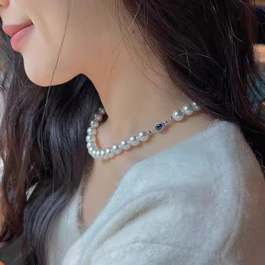 Natural Mother-of-Pearl Pearl Necklace Silver Blue Gem Clasp High Luster Premium Quality Pearl Australian White Necklace