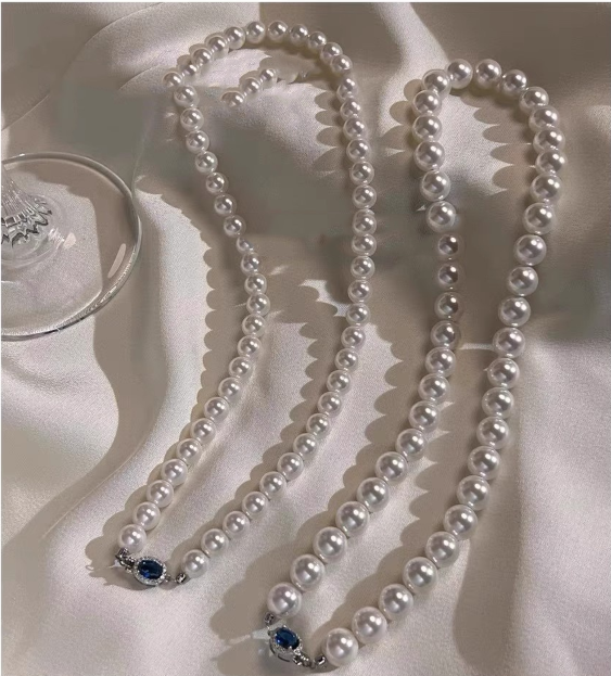 Natural Mother-of-Pearl Pearl Necklace Silver Blue Gem Clasp High Luster Premium Quality Pearl Australian White Necklace
