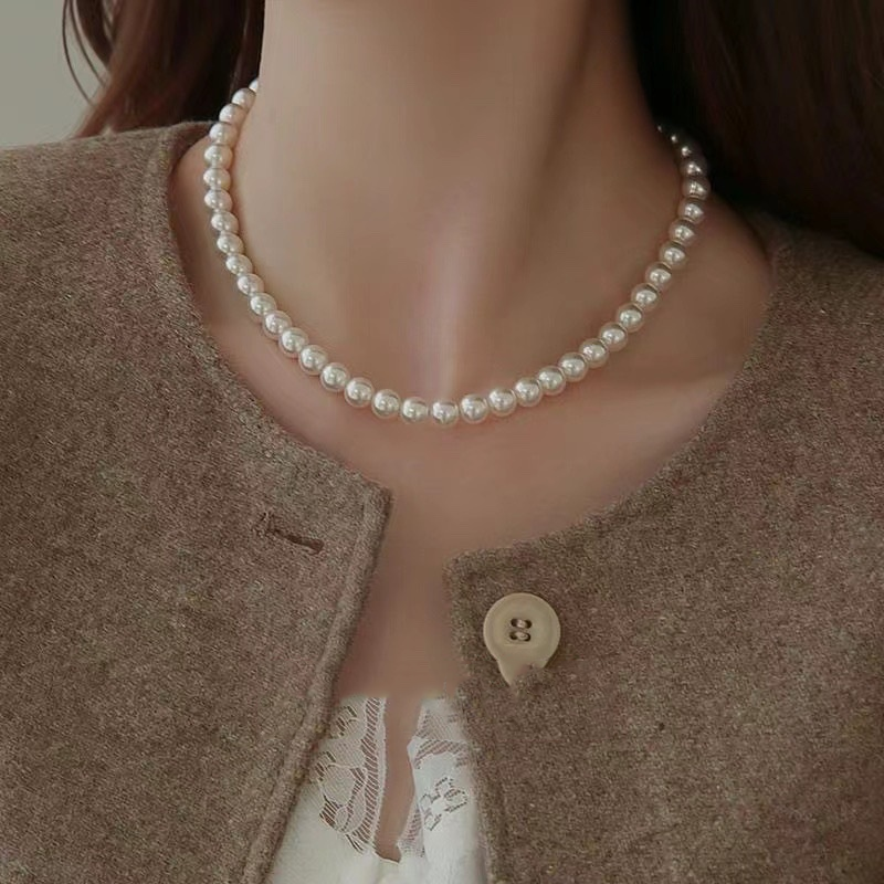 Natural Mother-of-Pearl Pearl Necklace  Silver Blue Gem Clasp High Luster Premium Quality Pearl Australian White Necklace