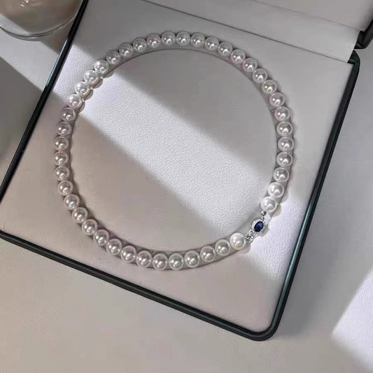 Natural Mother-of-Pearl Pearl Necklace  Silver Blue Gem Clasp High Luster Premium Quality Pearl Australian White Necklace
