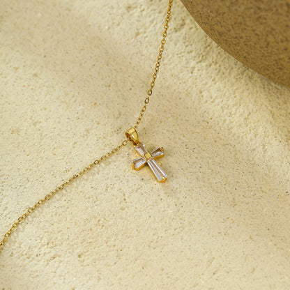 18K gold stainless steel geometric cross pendant inlaid with white zircon collarbone necklace