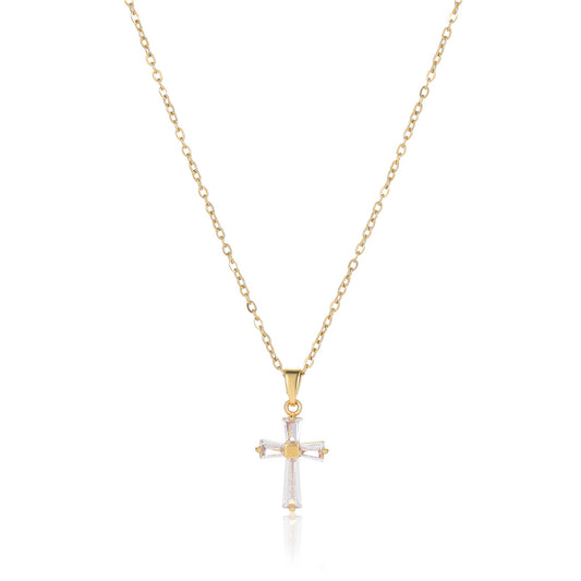 18K gold stainless steel geometric cross pendant inlaid with white zircon collarbone necklace