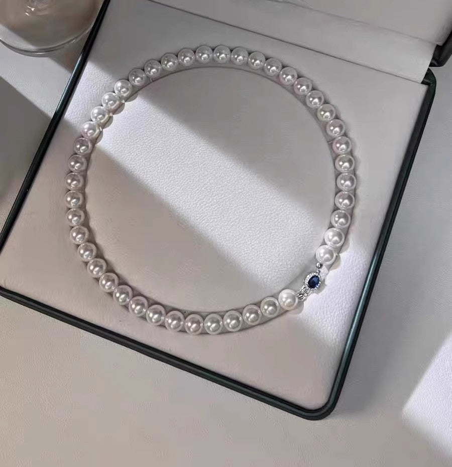 Natural Mother-of-Pearl Pearl Necklace  Silver Blue Gem Clasp High Luster Premium Quality Pearl Australian White Necklace