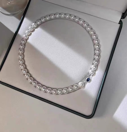 Natural Mother-of-Pearl Pearl Necklace  Silver Blue Gem Clasp High Luster Premium Quality Pearl Australian White Necklace