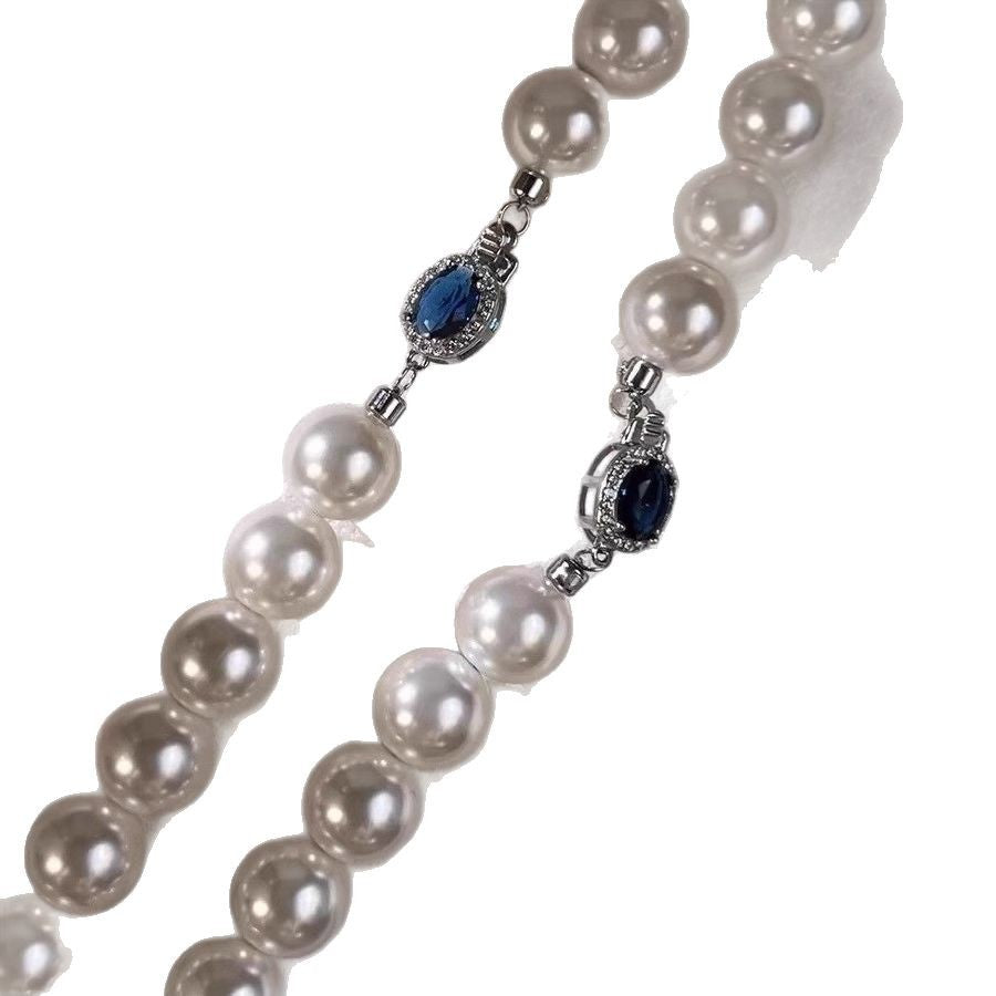 Natural Mother-of-Pearl Pearl Necklace  Silver Blue Gem Clasp High Luster Premium Quality Pearl Australian White Necklace